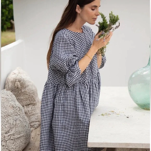 Magic Linen Voluminous Linen Ruffle Sleeve Babydoll Dress Black White Gingham - Picture 4 of 14
